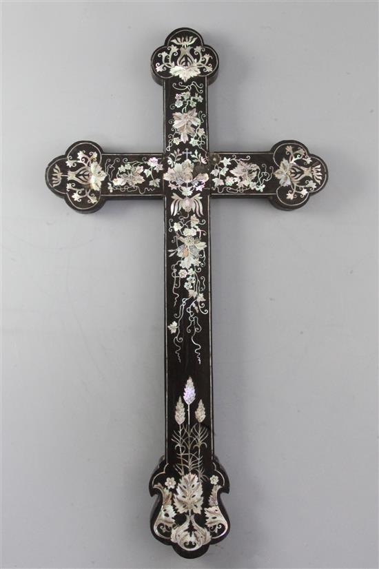 A Chinese export ebony and mother-of-pearl Apostle Cross, Macau, late 18th/early 19th century, height 45cm, small losses to inlay